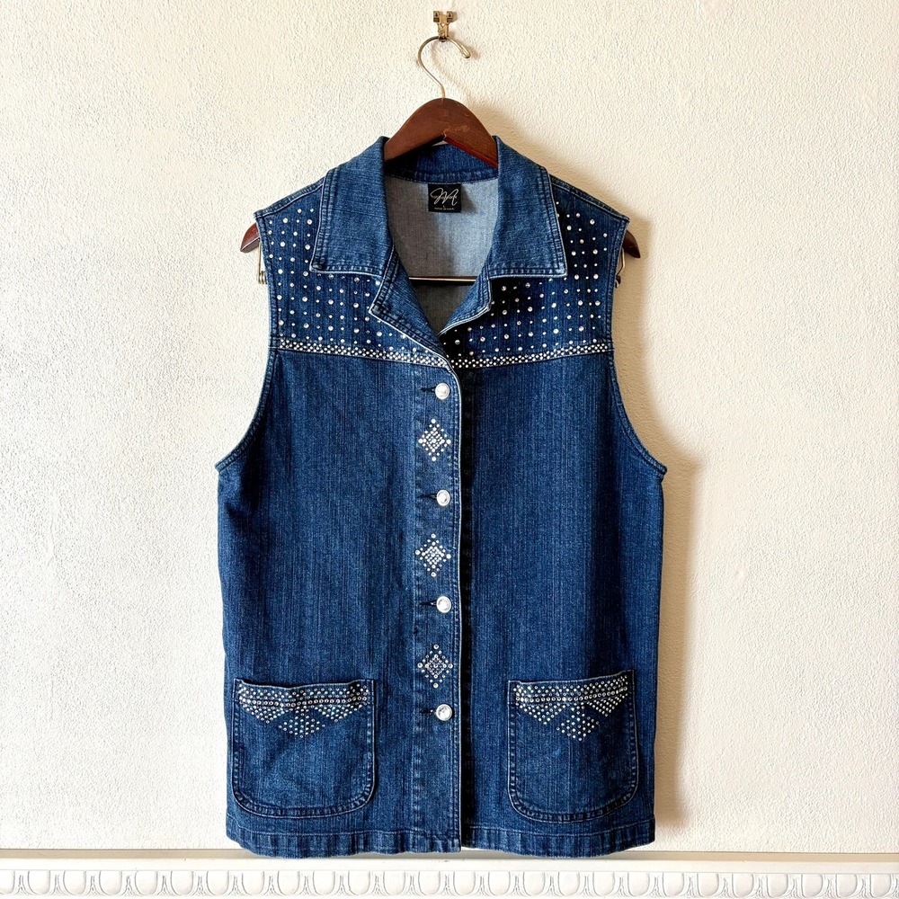 Vintage Katina Marie Blue Denim Rhinestone Embellished Vest USA Made Y2K Western - Picture 9 of 10